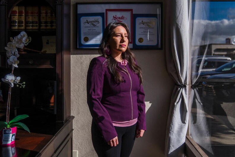 A woman with light brown skin and wearing dark pants and a purple jacket stands in a sunlit office. She has long hair. She is facing the window, so the light falls on her face, and behind her on the wall are framed certificates. To the left is a desk and a shelf with books that all have the same elegant binding.