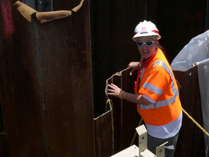 Once she returned from Deerfield Beach, Garzino remained in New Orleans working on installation of the hydraulic pumps. She’s pictured here at the Orleans Avenue outfall canal, where, behind schedule on gates, the US Army Corps of Engineers drove sheet pile into the canal to block storm surge during the first hurricane season after Katrina.