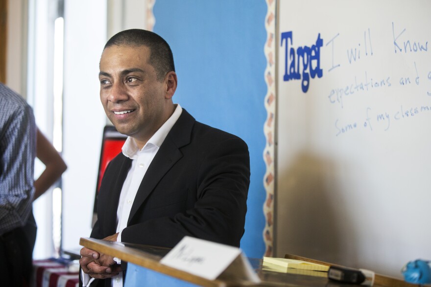 LAUSD School Board Member Dr. Ref Rodriguez visits an eighth grade history class at Luther Burbank Middle School on Tuesday, Aug. 16, 2016 during the first day of instruction.