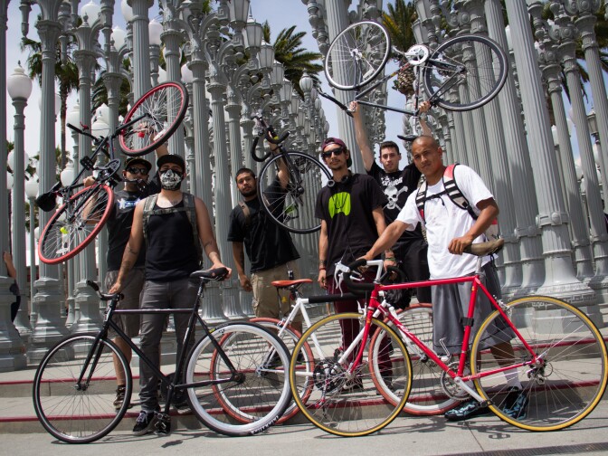 The Hudson Jackals, a bicycle crew from Hollywood, finish their ride at LACMA during CicLAvia on June 23, 2013.