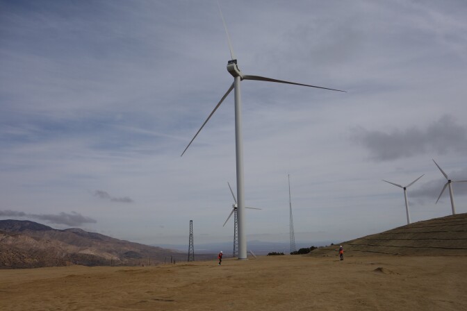 This is one of six new wind turbines whose energy has been purchased by the Clean Power Alliance, a new kind of government-run utility. It's on the Voyager II wind farm built and operated by Terra-Gen in a mountainous  area west of Mojave.