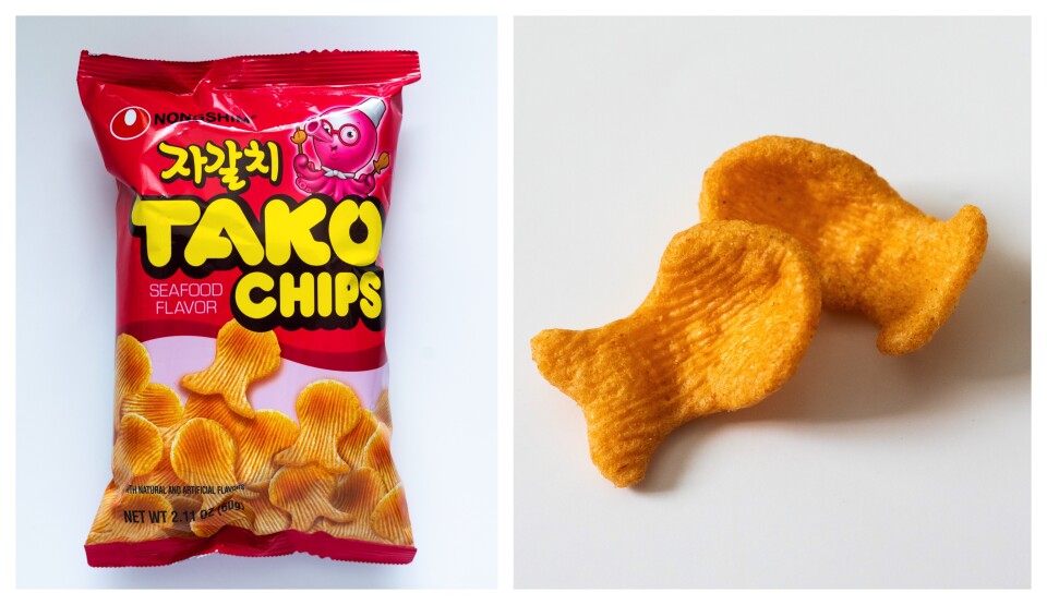 A split image: on the left is a pink bag with yellow writing in English and Korean. In large letters read "Tako Chips" and the words "Seafood flavor" in think white lettering. Below is an image of the octopi-shaped chips. On the right, as part of a separate image, is a close-up image of the snack chips; they are light orange and laid atop each other at a slight angle. 