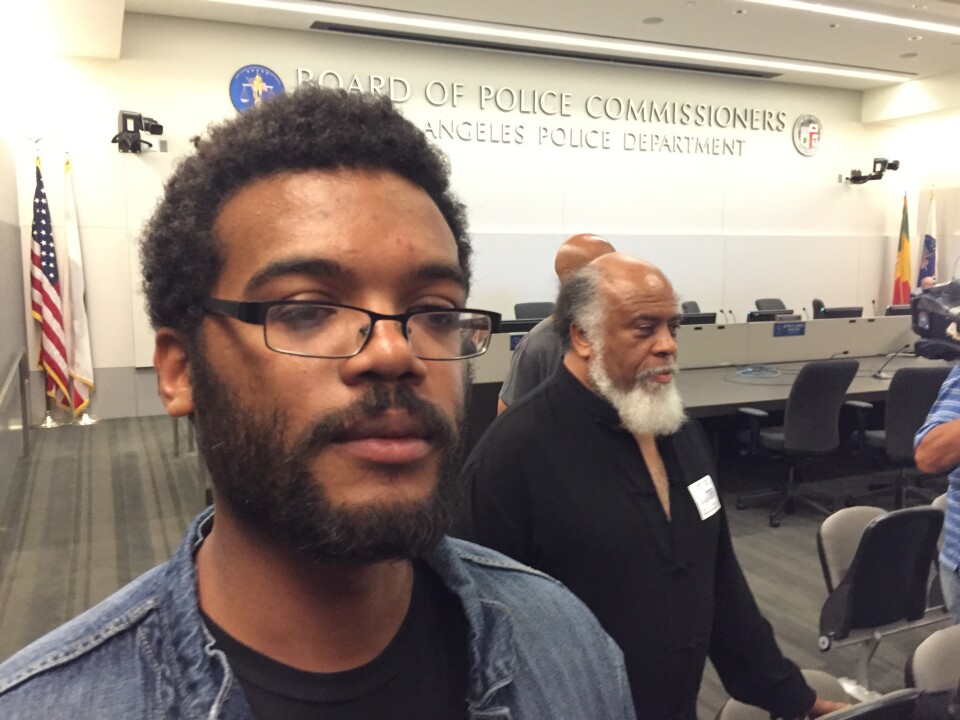 Marcus Vaughn, husband of Redel Kentel Jones, who was shot and killed by Los Angeles police officers in August 2015, traveled from Oakland to appear at a meeting of L.A. police commissioners on July 12, 2016. Vaughn said he was there to urge the commission to change LAPD policies because they don't work. "They only result in murder and separations of families," he said. The commission was considering whether officers acted within policy when they shot the 30-year-old Jones, who is black. 