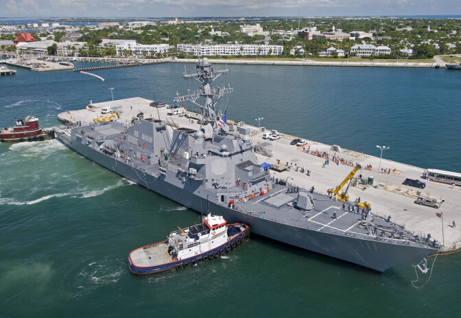 KEY WEST, FL - SEPTEMBER 23:  In this handout provided by Florida Keys News Bureau, the U.S. Navy's newest destroyer, the USS Spruance, docks September 23, 2011 in Key West, Florida. The 509.5-foot-long Arleigh Burke-destroyer class ship is to be commissioned in Key West October 1.  (Photo by Andy Newman/Florida Keys News Bureau via Getty Images)