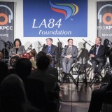 (L-R) AirTalk host Larry Mantle, Anita L. DeFrantz, Rich Llewellyn, Jeff Millman, Barry Sanders and Herb Wesson at the LA84 discussion on November 5, 2015.