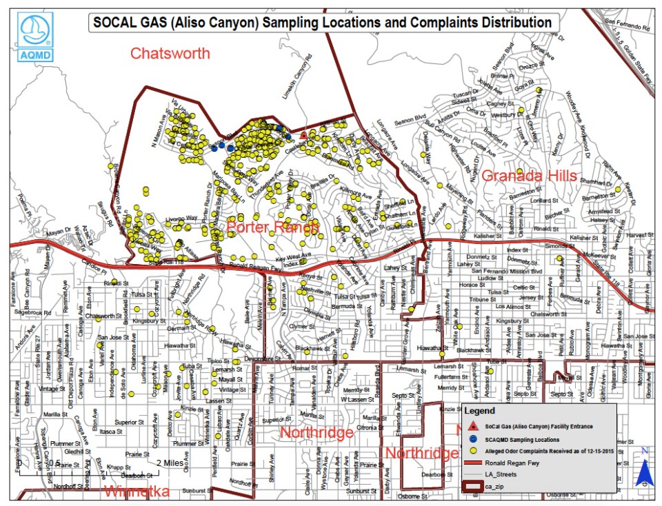 The yellow dots show locations where residents have complained of smells coming from a leaking natural gas well in the Aliso Canyon gas storage field.