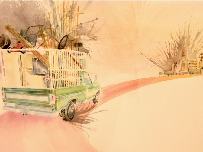Wenceslao Quiroz, Sears Scrapping on Soto, 2013, watercolor and ink on paper. Collection of Cheech Marin
