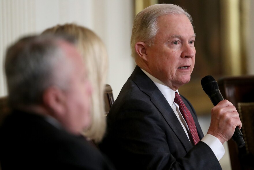 WASHINGTON, DC - MARCH 01:  U.S. Attorney General Jeff Sessions speaks at a White House Opioid Summit March 1, 2018 in Washington, DC. U.S. President Donald Trump delivered brief remarks at the conclusion of the summit aimed at addressing the opioid addiction problems in the U.S.  (Photo by Win McNamee/Getty Images)