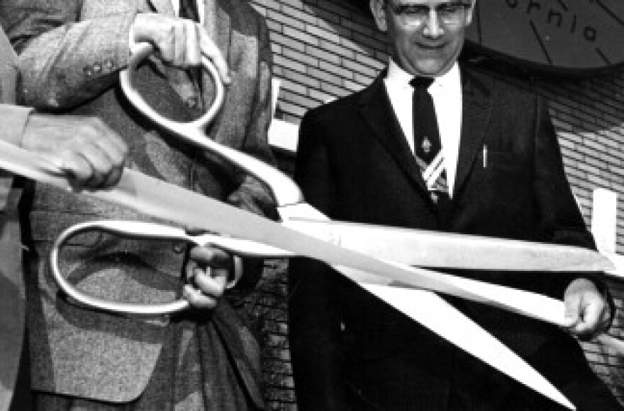 October 14, 1959: King-size scissors used to cut ribbon for Technology Instrument Corp. plant in Rancho Conejo Light manufacturing Research Center, Thousand Oaks.
 
