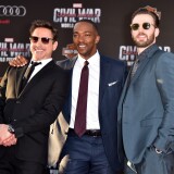 (L-R) Actors Robert Downey Jr., Anthony Mackie and Chris Evans attend the premiere of Marvel's "Captain America: Civil War" at Dolby Theatre on April 12, 2016 in Los Angeles, California.  (Photo by Kevin Winter/Getty Images)