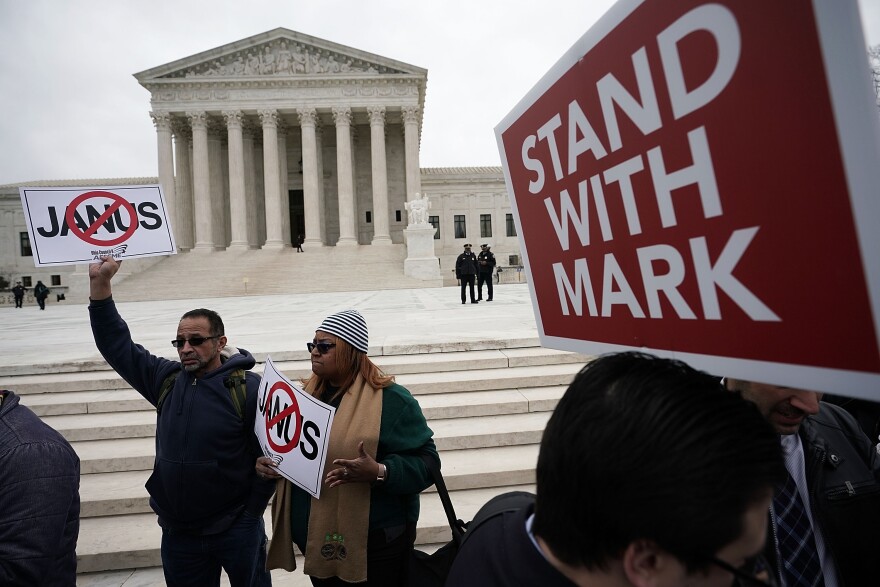 WASHINGTON, DC - FEBRUARY 26:  Activists rally in front of the U.S. Supreme Court on February 26, 2018 in Washington, DC. The court is scheduled to hear the case, Janus v. AFSCME, to determine whether states violate their employees' First Amendment rights to require them to join public sector unions which they may not want to associate with.  (Photo by Alex Wong/Getty Images)