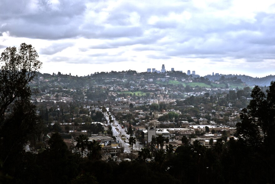 A passing storm system rolls eastward over Eagle Rock, Calif., Feb. 19, 2013. Skyscrapers in Downtown Los Angeles can be seen on the horizon. (This is an HDR image.)