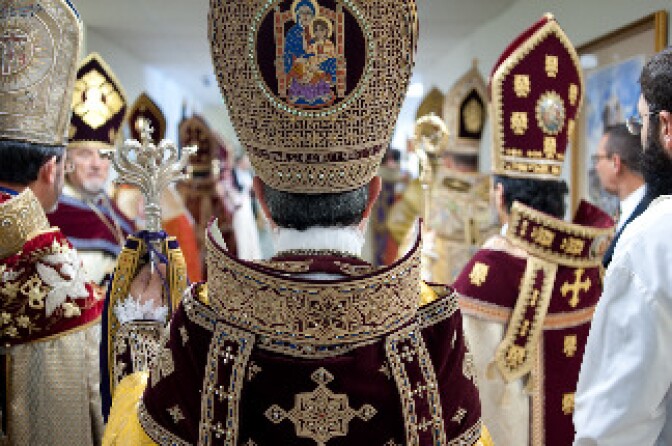 His Holiness Karekin II, the Supreme Patriarch and Catholicos of All Armenians, prepares to enter the newly built cathedral to perform the consecration service.