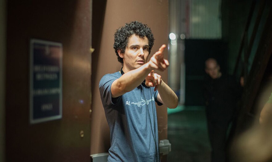 Director Damien Chazelle on the set of "Whiplash"