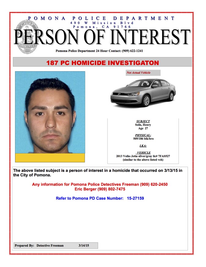 Pomona Police issued this flier naming an LAPD rookie cop as a person of interest in a murder case.