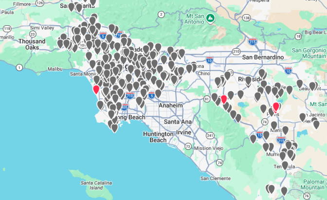 A map of Southern California showing hundreds of gray pin markers indicating permitted MEHKO locations across Los Angeles and Riverside counties, with two red pins marking specific locations.