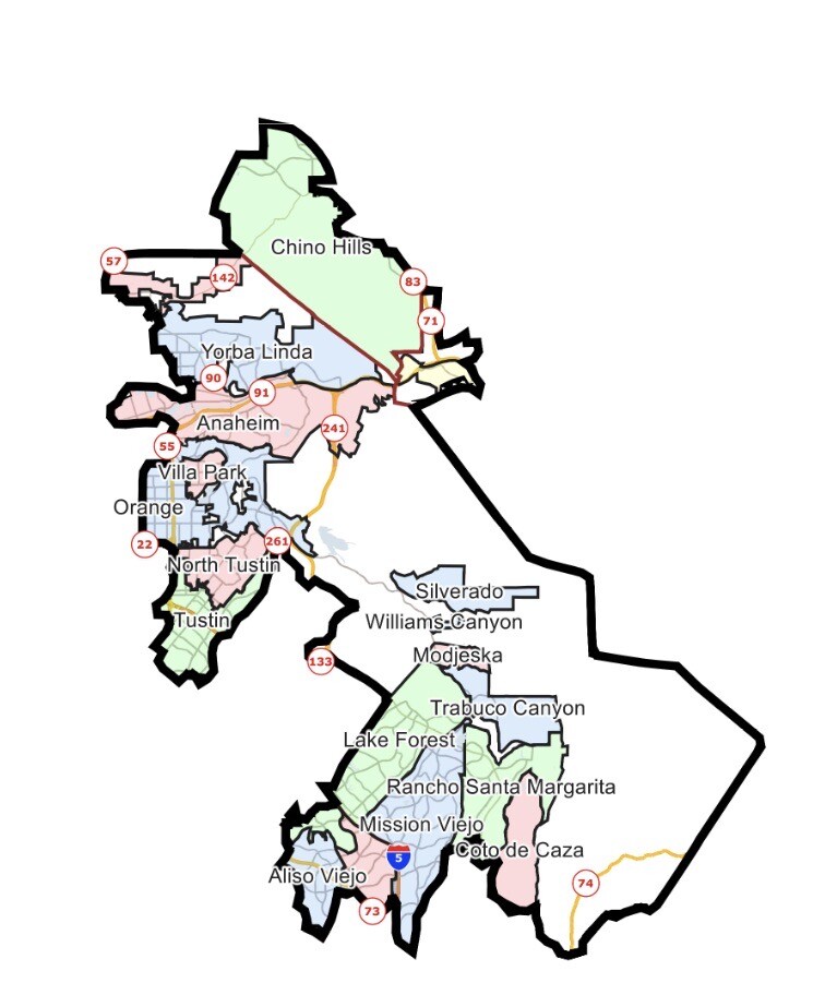 A map of the 40th congressional district in California, with cities shaded in red, green and blue.