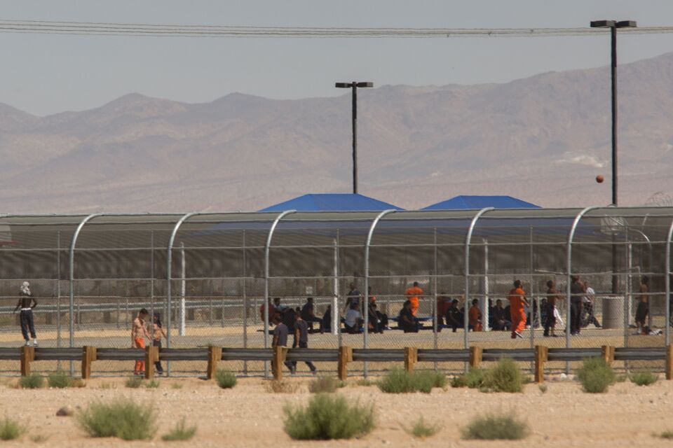 Imprisoned immigrants are seen at the US Immigration and Customs Enforcement (ICE) Adelanto Detention Facility.