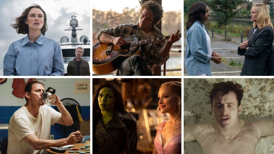 Six images, three on top and three below, depict upcoming film releases.