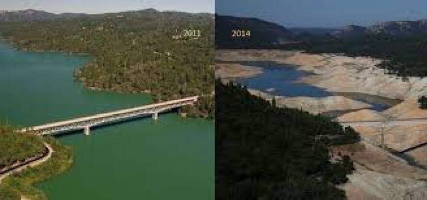 The image shows the drastic changes in river flow during drought years from 2011 to 2014 along the Sacramento River in California, which serves as an example of what most of the natural waterways in California are experiencing.