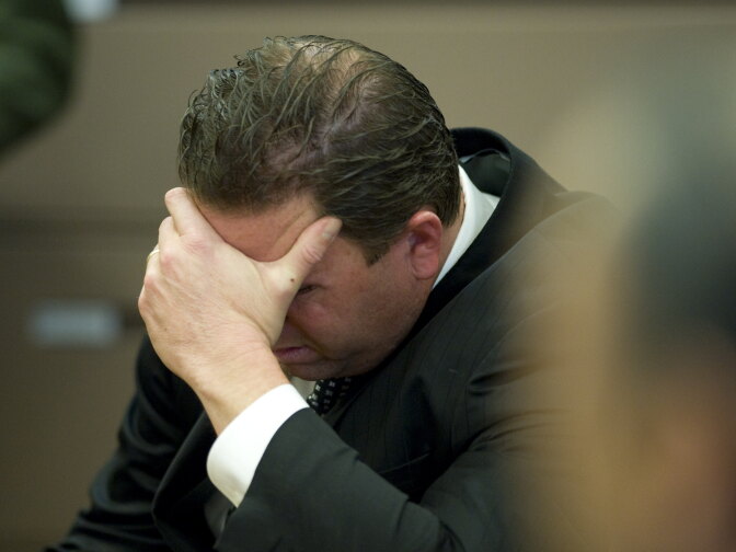 Former Fullerton police Officer Jay Cicinelli was  acquitted of involuntary manslaughter and assault under color of authority for his role in the July 5, 2011, beating of transient Kelly Thomas. He put his head in his hands and kept his head down immediately after hearing he would walk free. 
POOL PHOTO, MINDY SCHAUER, ORANGE COUNTY REGISTER