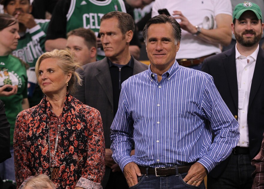 BOSTON, MA - MAY 06:  Republican presidential candidate Mitt Romney, sits in the stands with his wife Ann Romney (L) before start of a game between Boston Celtics and the Atlanta Hawks in Game Four of the Eastern Conference Quarterfinals during the 2012 NBA Playoffs on May 6, 2012 at TD Garden in Boston, Massachusetts. NOTE TO USER: User expressly acknowledges and agrees that, by downloading and or using this photograph, User is consenting to the terms and conditions of the Getty Images License Agreement. (Photo by Jim Rogash/Getty Images)