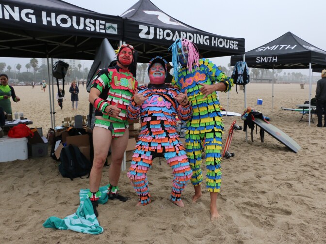 Rich Mudge (Los Angeles), Gerg Delger (North Hollywood, CA), Nicos Batanides (Burbank, CA) dressed as human pinatas.