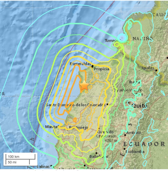 USGS map of the recent earthquakes and aftershocks in Ecuador.