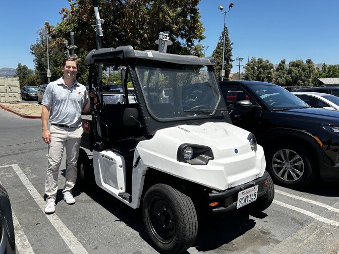 Three images of a modified white golf cart with measuring devices affixed to the back. 