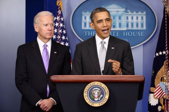 U.S. President Barack Obama (R) announces the creation of an interagency task force for guns as Vice President Joseph Biden listens in the Brady Press Briefing Room at the White House on December 19, 2012 in Washington, DC. President Obama announced that he is making an administration-wide effort to solve gun violence and has tapped Vice President Joe Biden to lead an interagency task force in the wake of the Sandy Hook Elementary School shooting in Newtown, Connecticut.   