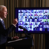 WASHINGTON, DC - JANUARY 20:  U.S. President Joe Biden conducts a virtual swearing in ceremony for members of his new administration via Zoom just hours after his inauguration in the State Dining Room at the White House January 20, 2021 in Washington, DC. Biden became the 46th president of the United States earlier today during the ceremony at the U.S. Capitol.  (Photo by Chip Somodevilla/Getty Images)