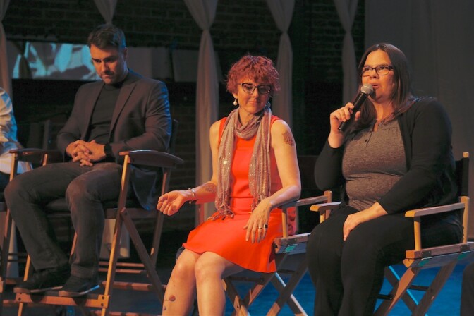 Sydney Hoffner talks about Bootleg, a TV Western, with Sylvia Bowersox and Brian Hanson at the USVAA New Works Presentation.