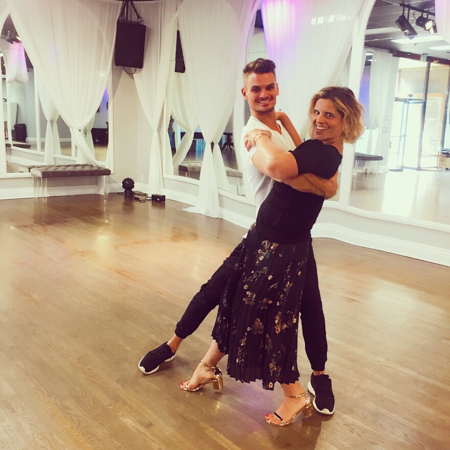 Michelle Dalton Tyree (r) learns steps from the film "La La Land," as taught by Julz Tocker of Just Dance in Studio City.