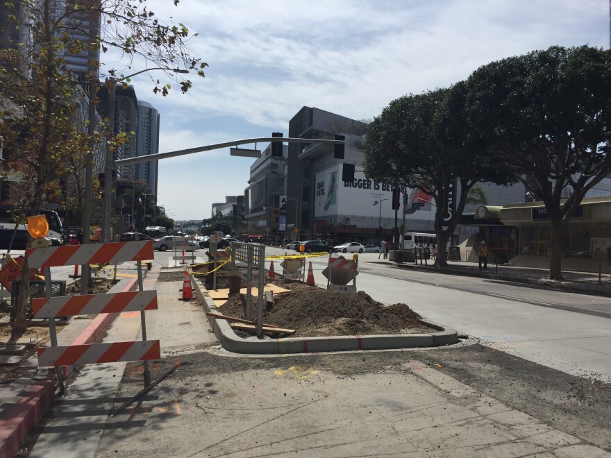 A transit platform is under construction near Figueroa Street and Olympic Boulevard in downtown L.A.