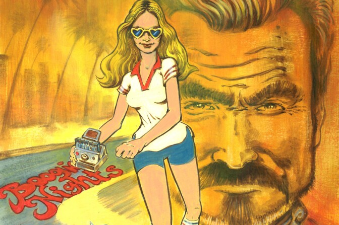 a drawing of a young woman in shorts and a t-shirt standing in front of a larger drawing of a man with a mustache and goatee