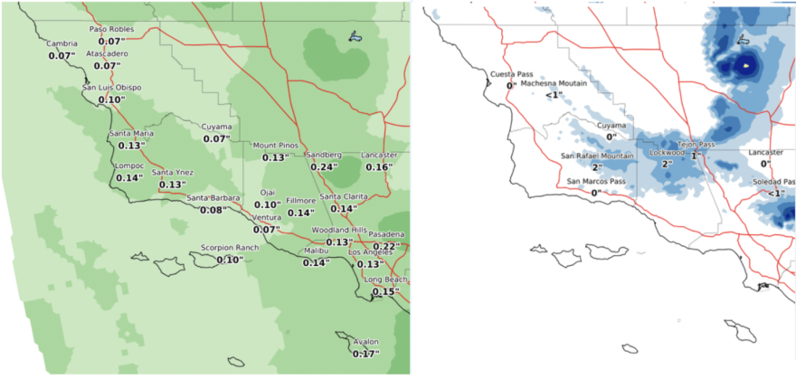 Side-by-side maps of Southern California show the forecast rain totals in shade of green on left and, on right, expected snowfall in shades of blue.