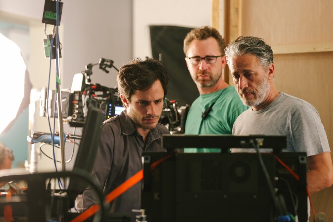 Gael Garcia Bernal and Jon Stewart on the set of "Rosewater."