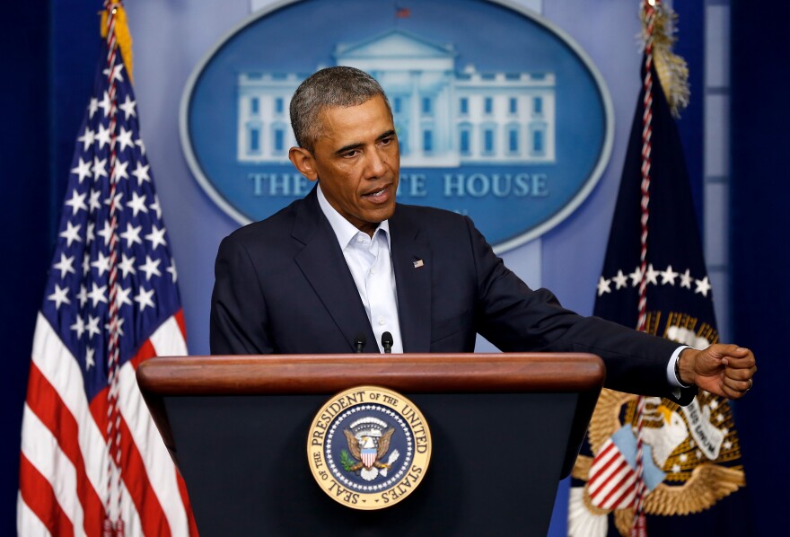 WASHINGTON, DC - AUGUST 18:  U.S. President Barack Obama gives a statement during a press conference in the Brady Press Briefing Room of the White House on August 18, 2014 in Washington, DC. Obama returned early from his vacation in Martha's Vineyard to hold meetings with his national security team and also with U.S. Attorney General Eric Holder in regards to the situation in Iraq and the continuing violence in Ferguson, Missouri.  (Photo by Win McNamee/Getty Images)