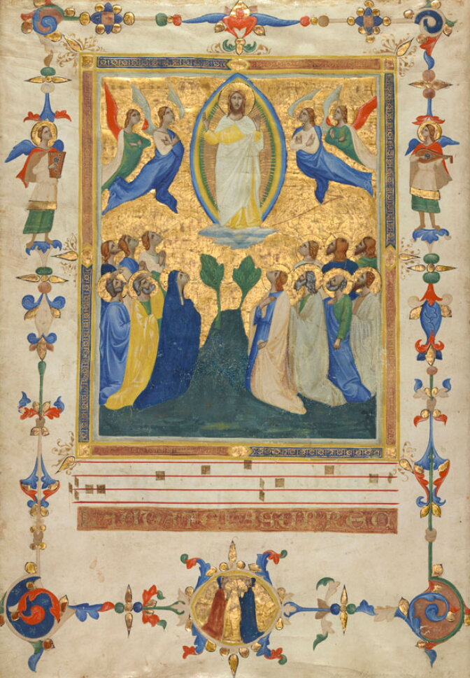 The Ascension of Christ from the Laudario of Sant’Agnese, about 1340, Pacino di Bonaguida. Marc Haefele says, "It blasts its way out of a cozy illuminated manuscript and portends a new world of art." 