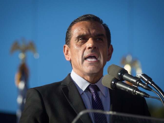 Then-Los Angeles Mayor Antonio Villaraigosa talks to the gay marriage supporters at a rally for two Supreme Court decisions legalizing gay marriage in California.