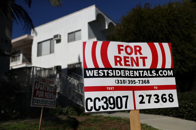 LOS ANGELES, CA - FEBRUARY 01:  A for rent sign is posted in front of an apartment building on February 1, 2017 in Los Angeles, California.  According to the Consumer Price Index, rental prices in Southern California have spiked 4.7 percent in 2016 compared to 3.9 percent in 2015. The increase is the fastest since 2007.  (Photo by Justin Sullivan/Getty Images)