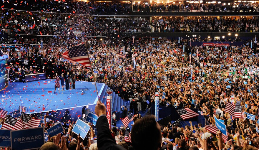 CHARLOTTE, NC - SEPTEMBER 06:  (L-R) First lady Michelle Obama, Second lady Dr. Jill Biden, Democratic presidential candidate, U.S. President Barack Obama, and Democratic vice presidential candidate, U.S. Vice President Joe Biden stand on stage after accepting the nomination during the final day of the Democratic National Convention at Time Warner Cable Arena on September 6, 2012 in Charlotte, North Carolina. The DNC, which concludes today, nominated U.S. President Barack Obama as the Democratic presidential candidate.  (Photo by Kevork Djansezian/Getty Images)