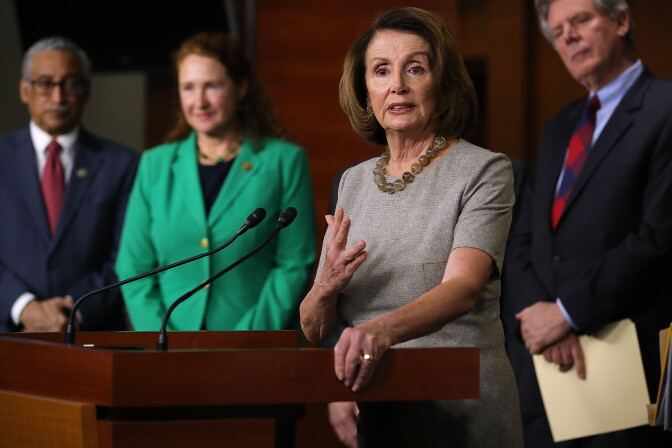 WASHINGTON, DC - FEBRUARY 08:  House Minority Leader Nancy Pelosi (D-CA) (3rd L) talks to reporters while announcing the House Democrats' new infrastructure plan during a news conference with (L-R) Rep. Bobby Scott (D-VA), Rep. Elizabeth Esty (D-CT) and Rep. Frank Pallone (D-NJ) at the U.S. Capitol February 8, 2018 in Washington, DC. Pelosi said the $20 billion in infrastructure spending over two years in the current federal budget deal is 'a diversionary tactic.'  (Photo by Chip Somodevilla/Getty Images)