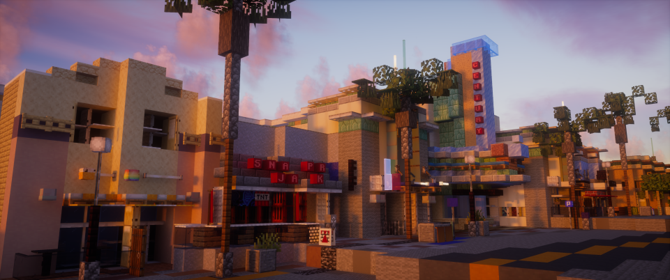 A computer generated image of an outdoor shopping center.