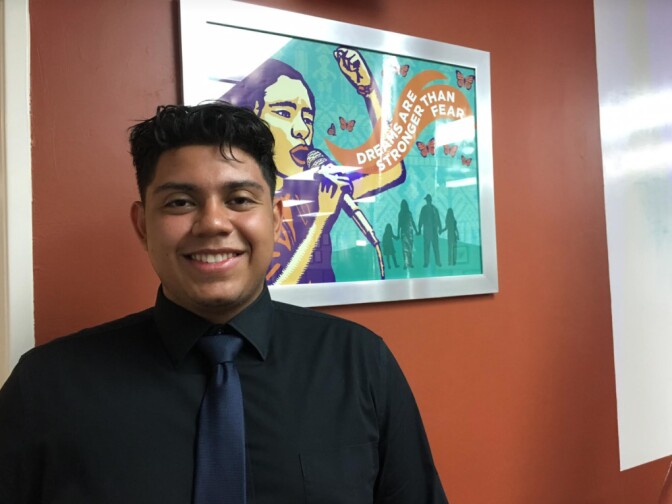 College student Manuel Jimenez, 19, was among the young immigrants who watched on a large screen at the offices of the Coalition for Humane Immigrant Rights of Los Angeles as U.S. Senators Lindsey Graham and Dick Durbin unveiled their new version of long-proposed legislation known as the DREAM Act on Thursday, July 20, 2017. Jimenez, who arrived in the U.S. when he was a year old from Nicaragua with his family, said the bill was "a breath of fresh air."