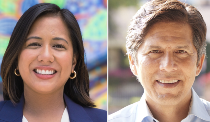 Left: A woman with shoulder-length dark brown hair, wearing hoop earrings and a blue blazer smiles at the camera. She's standing against a colorful backdrop of painted flowers. Right: Headshot of a smiling man in a collared shirt. His hair is light brown with a dusting of gray over his ears.