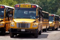 School busses sit at the Alltown Bus Service yard on the first day of classes for Chicago's public schools on August 21, 2023 in Chicago, Illinois. (Photo by Scott Olson/Getty Images)