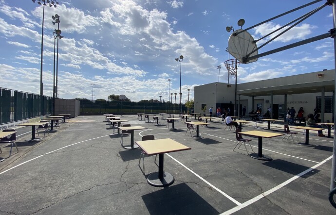 The courtyard of Simon Rodia High School, an L.A. Unified School District continuation school in South Gate, on Tues., April 27, 2021.