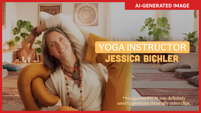 An image marked AI-generaed has a yoga instructor in a pose.