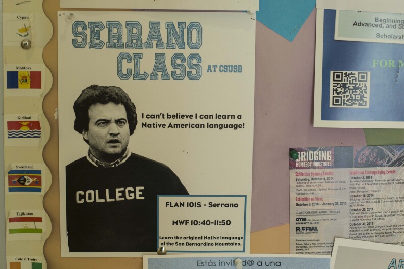 A poster in the hallway at Cal State San Bernardino advertises Serrano languages courses, the university offers three SoCal indigenous languages. 
